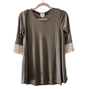 Hayden Girls Stretchy Ribbed Knit Crochet Lace 3/4 Sleeve Tunic Olive XL